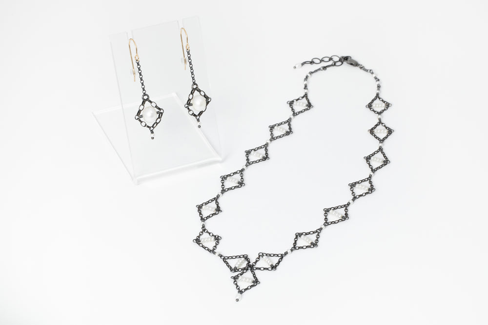 Pearl Drop Earrings & Geometric Lace Necklace - Silvana Segulja