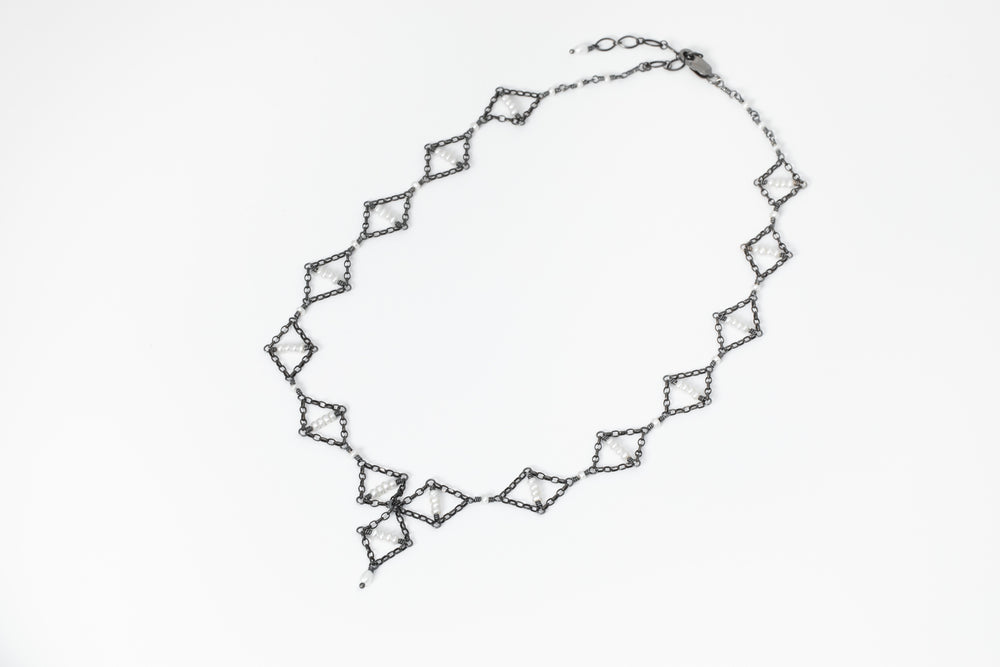
            
                Load image into Gallery viewer, Pearl Drop Earrings &amp;amp; Geometric Lace Necklace - Silvana Segulja
            
        